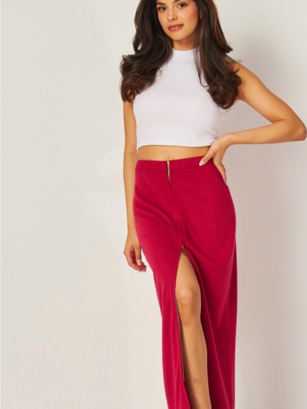Women’s Front Zip Midi Skirt in Red